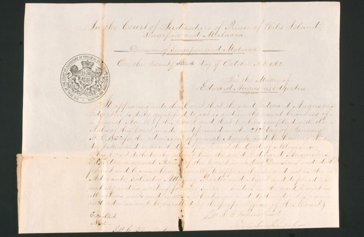 Admissions certificate of Edward Augustus Edgerton