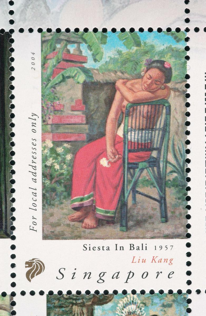 A stamp featuring Siesta In Bali 1957 by Liu Kang