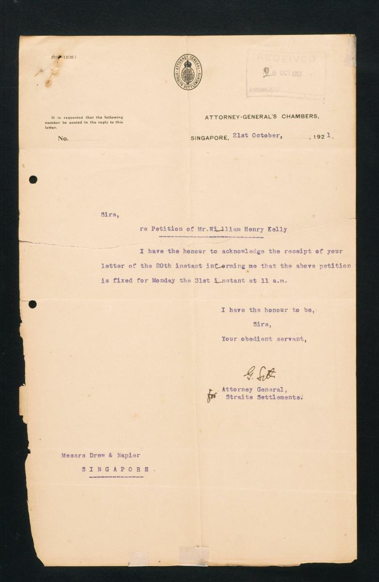 Letter from the Attorney General of the Straits Settlements to Messrs ...