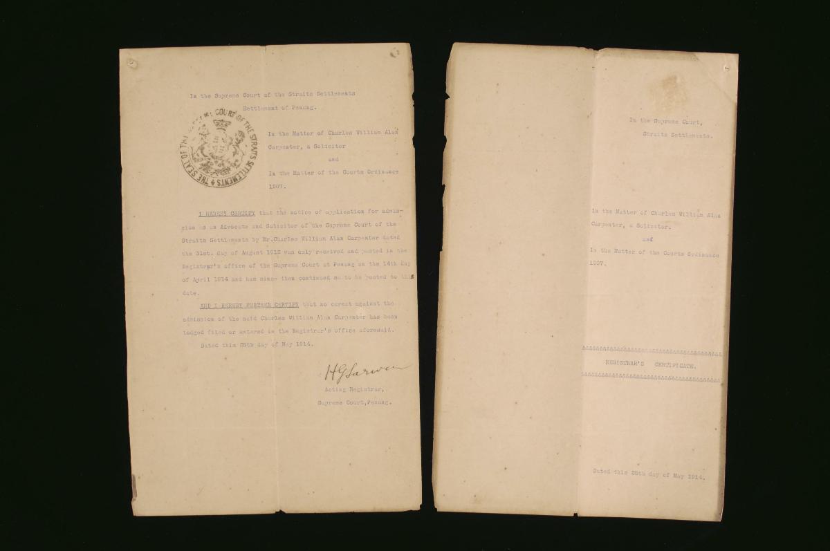 Registrar's certificate of the Supreme Court, Penang for Charles ...