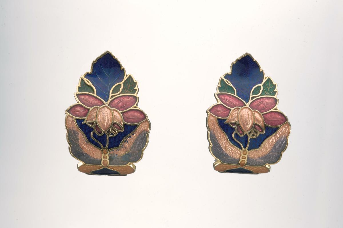 A pair of enamel ear rings that belonged to a notable women's rights ...