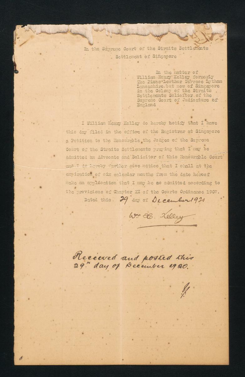 Notice filed by William Henry Kelley