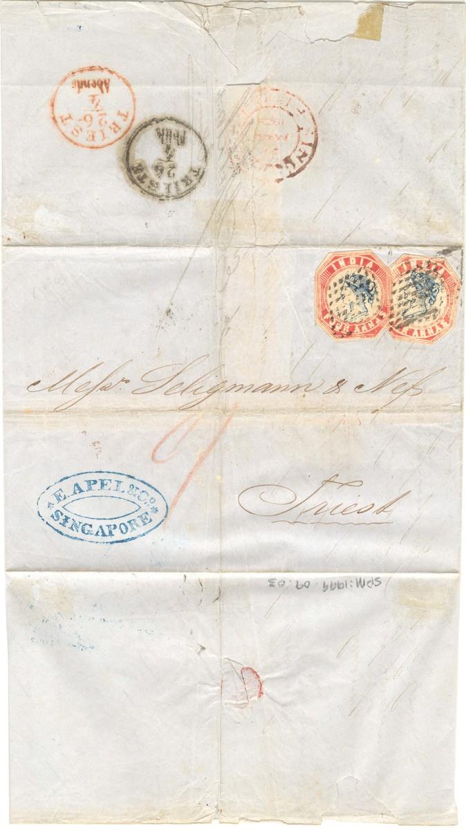 Entire letter sent to Triest on 1856, 16 Mar, with two cut-to-shape ...