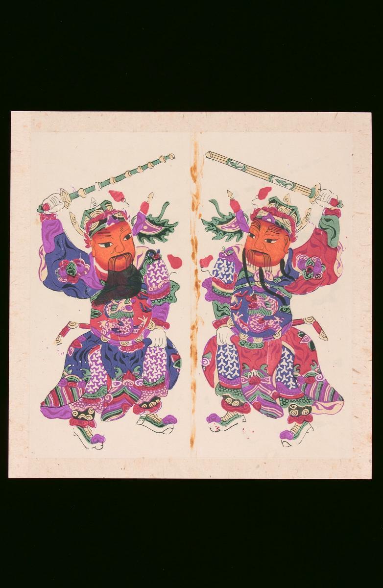 Chinese woodblock prints mounted together depicting Military Door Gods