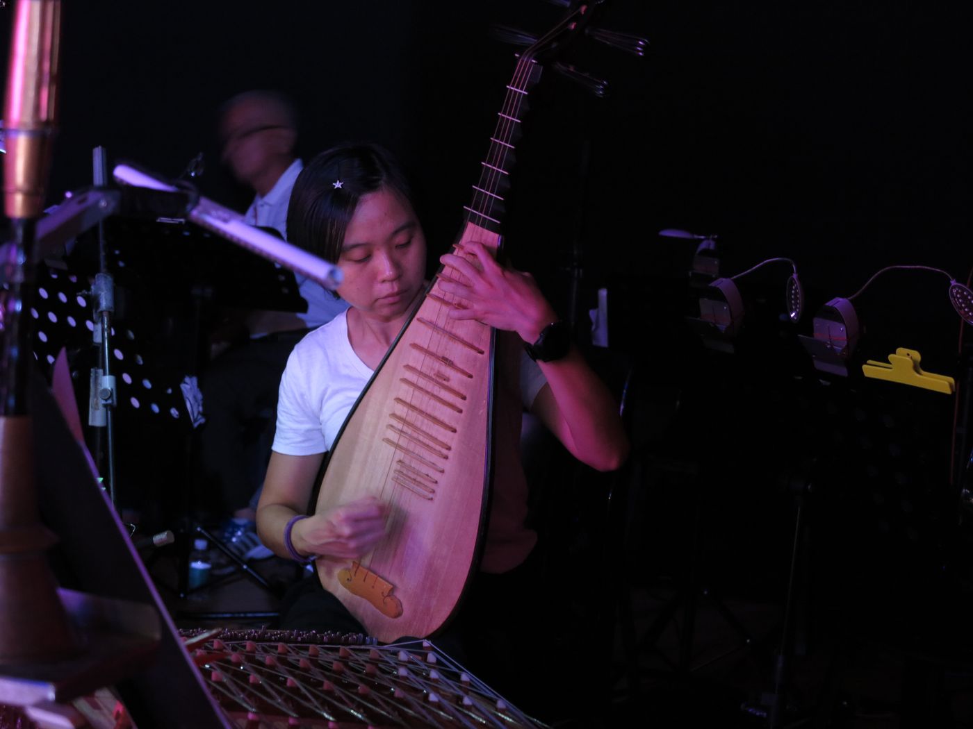 A musician playing the pipa, a four-stringed Chinese instrument. Music is an integral part of Chinese opera, and involves a wide range of stringed, wind, and percussion instruments.