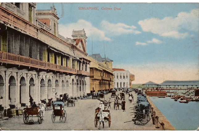 postcard of collyer quay with johnstons pier in the background