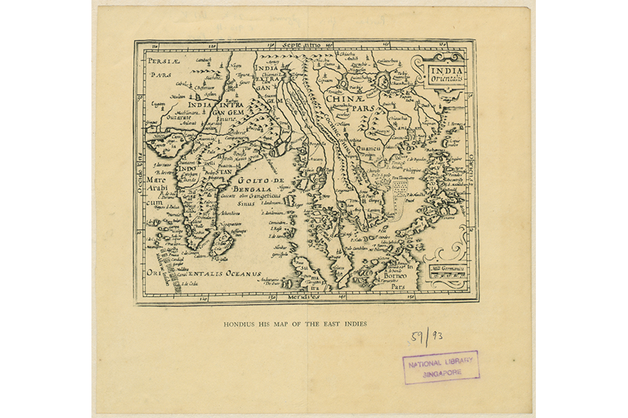 <a href="/assets/afa6fdc4-6f16-4c36-a9bb-d34609f4d755/050000134-hondius-hendrik-map.jpg" target="_blank"><strong>Engraved Map showing the Coromandel Coast in relation to Southeast Asia by Galvao Antonio</strong></a><strong><a href="/assets/afa6fdc4-6f16-4c36-a9bb-d34609f4d755/050000134-hondius-hendrik-map.jpg" target="_blank"></a><br>
</strong><span style="text-align: left;">1557, Published in 1707 | Courtesy of National Library of Singapore</span>